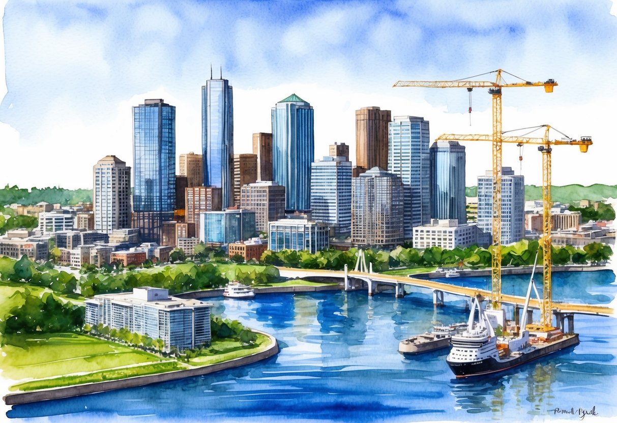 A bustling city skyline with modern high-rise buildings and construction cranes, surrounded by lush green parks and waterfront views in Portland, Oregon