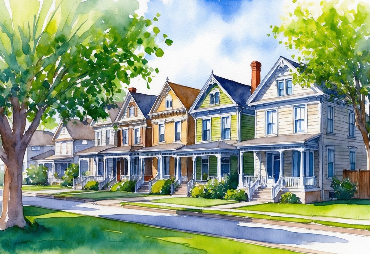 A row of charming historic homes in Stillwater, OK, with lush green lawns and mature trees, surrounded by a peaceful and inviting neighborhood