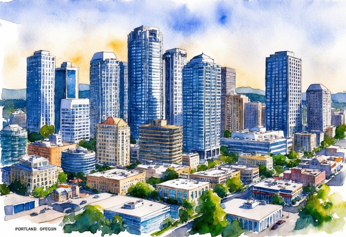A bustling cityscape with various real estate properties in Portland, Oregon. Skyscrapers, residential buildings, and commercial spaces fill the skyline, reflecting the diverse financial aspects of real estate investment