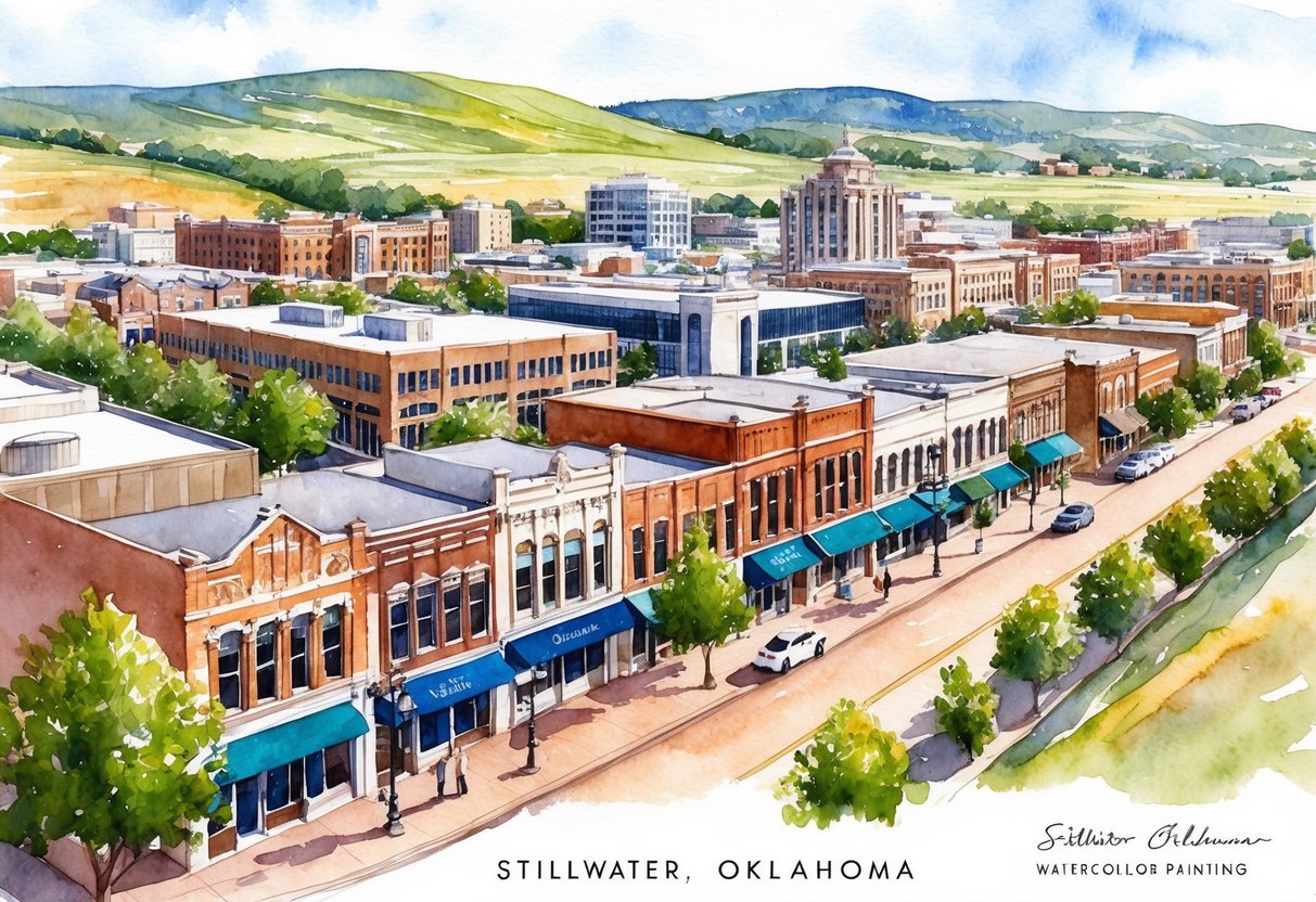 A bustling street in Stillwater, Oklahoma with a mix of historic buildings and modern developments, surrounded by open fields and rolling hills