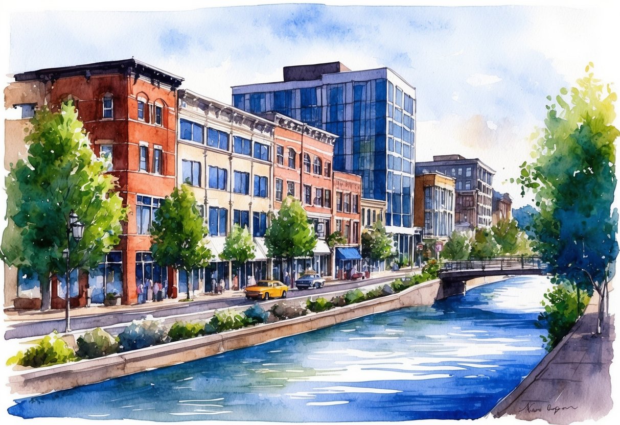 A bustling downtown street in Eugene, Oregon, with a mix of historic buildings and modern developments, surrounded by lush greenery and the Willamette River