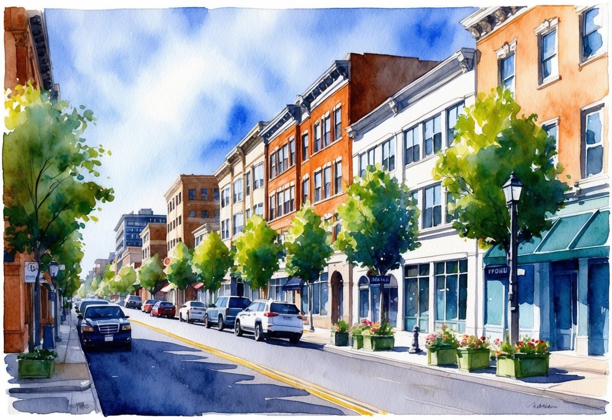 A bustling city street in Portland, Oregon, lined with well-maintained residential and commercial properties, with a mix of modern and historic architecture