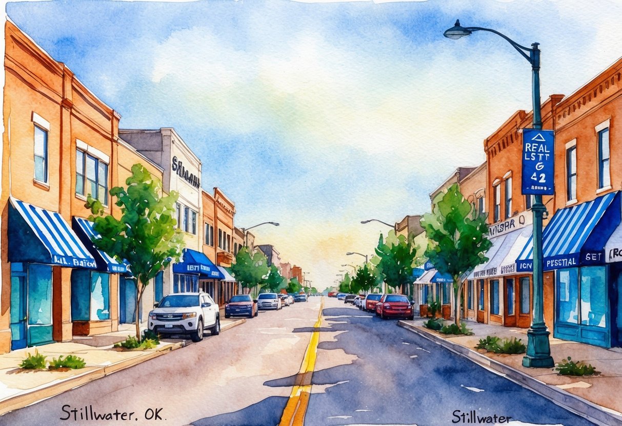 A bustling street in Stillwater, OK, with various real estate properties and investment offices lining the road
