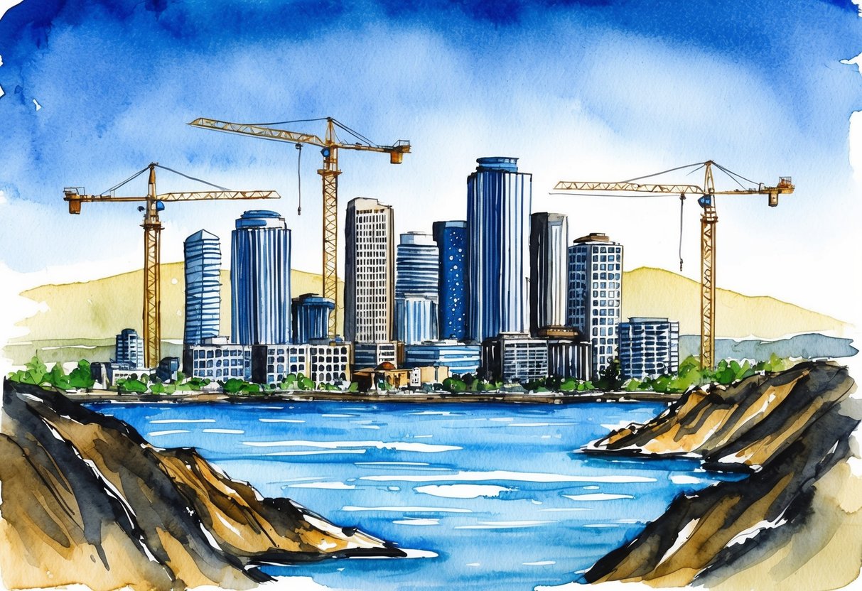 A city skyline with tall buildings and construction cranes, surrounded by rugged terrain and bodies of water, symbolizing the challenges and risks of real estate investing in Portland, Oregon
