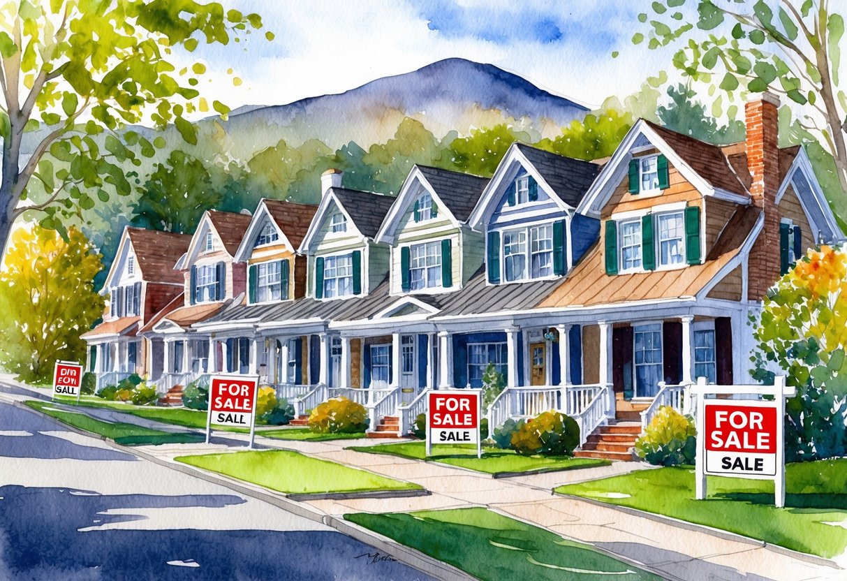 A row of charming houses with "For Sale" signs in a leafy neighborhood, surrounded by trees and a mountain backdrop