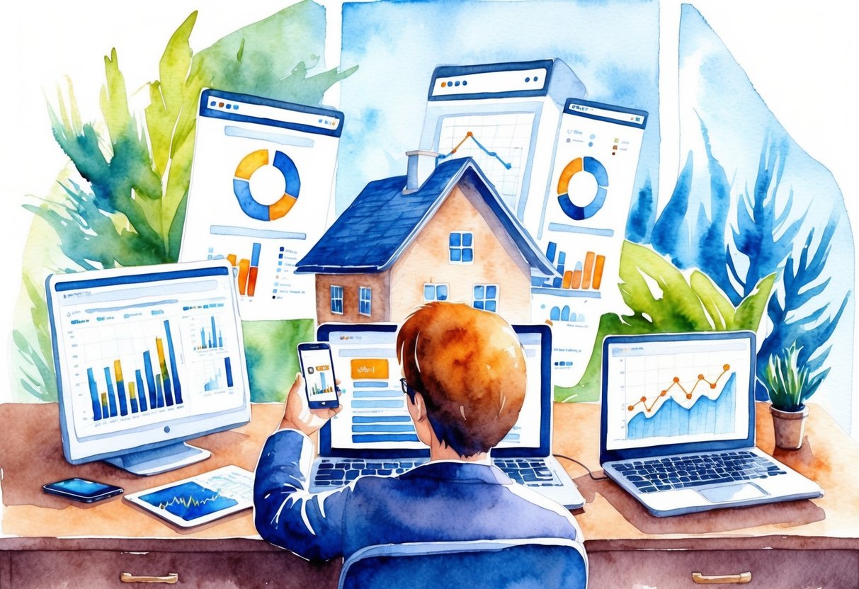 A person researching properties online, surrounded by charts and graphs, with a laptop and phone on a desk