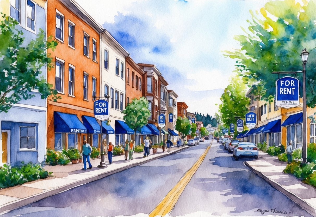 A bustling street in Eugene, Oregon lined with well-maintained rental properties, each with a "For Rent" sign and a steady stream of potential tenants