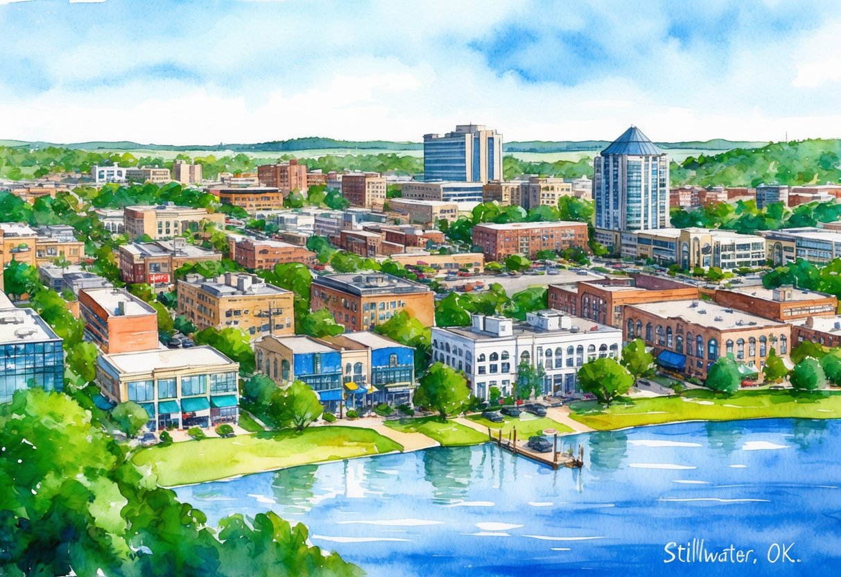A vibrant cityscape of Stillwater, OK with a mix of residential and commercial properties, surrounded by lush greenery and a serene lake