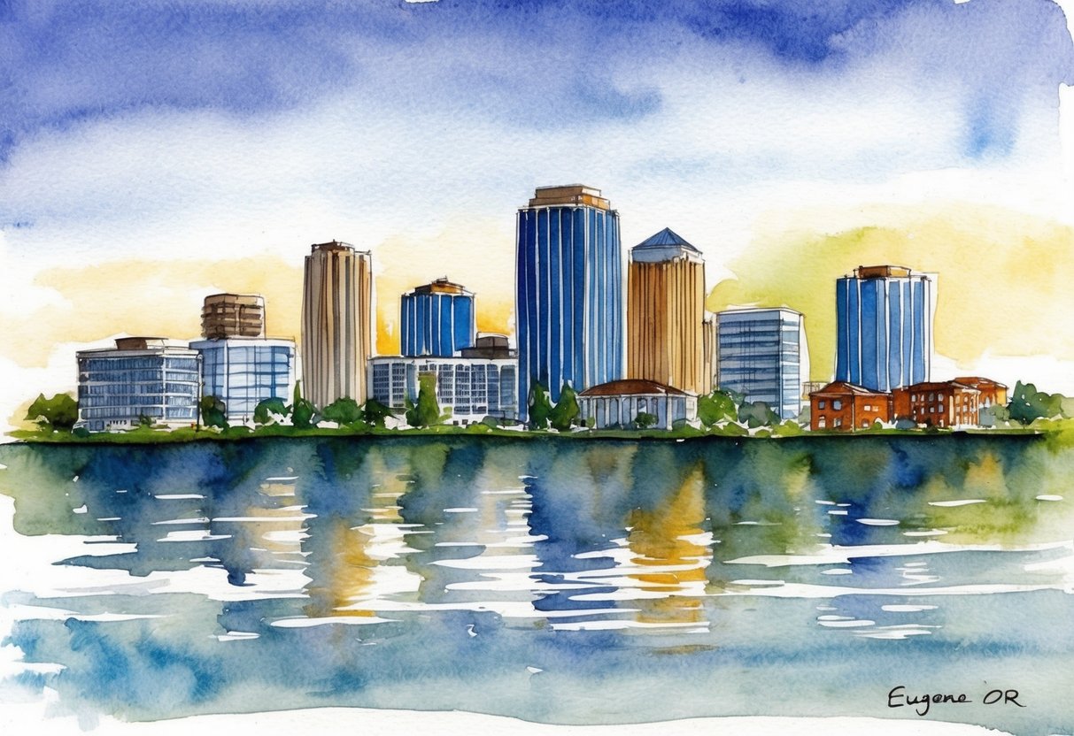 A modern city skyline with real estate properties in Eugene, OR