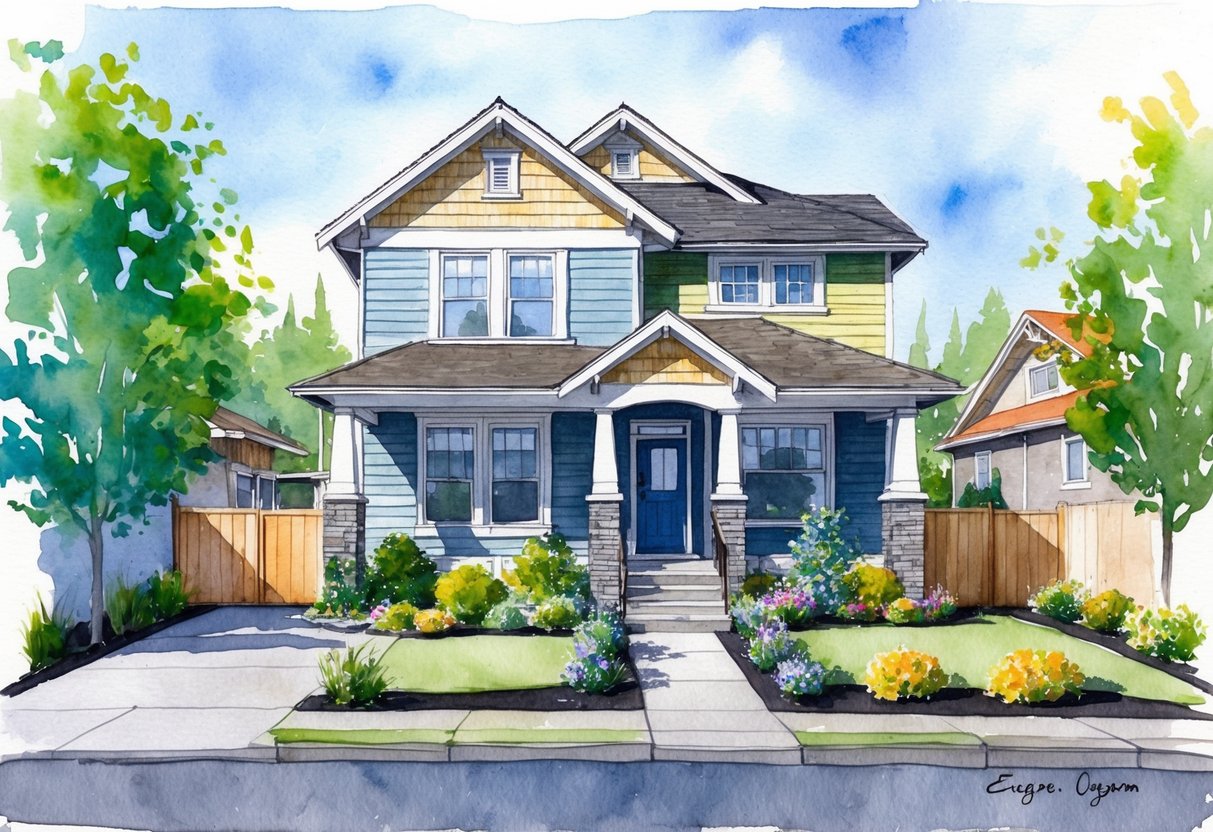 A dilapidated house being transformed with new paint, updated fixtures, and modern landscaping in Eugene, Oregon