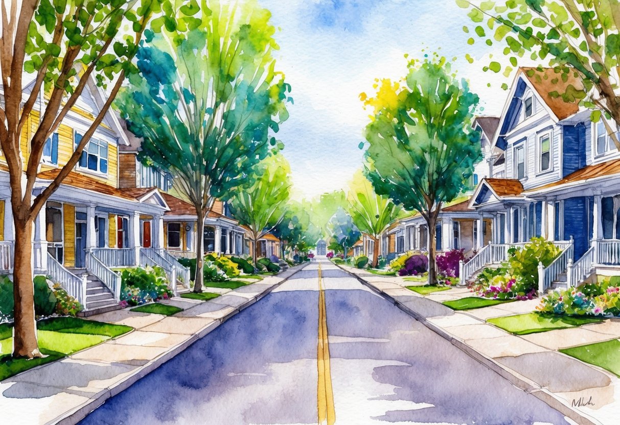 A charming street in Eugene, with tree-lined sidewalks, cozy houses, and a vibrant neighborhood atmosphere