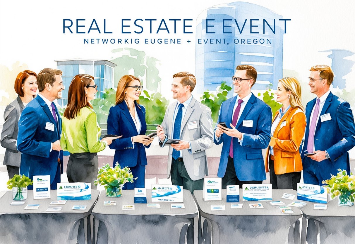 A group of professionals networking at a real estate event in Eugene, Oregon. Tables with promotional materials and business cards