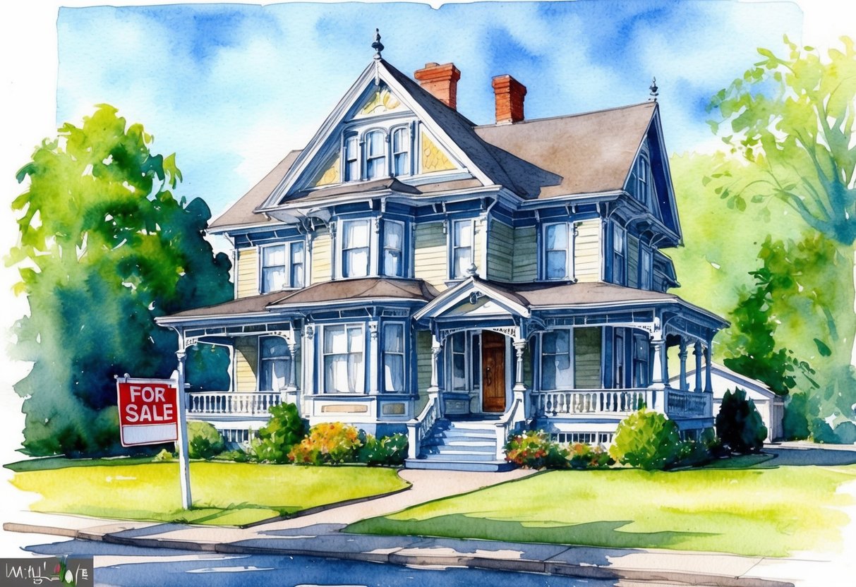 A Victorian-style house in Salem, Oregon, surrounded by lush greenery and a clear blue sky, with a "For Sale" sign in the front yard