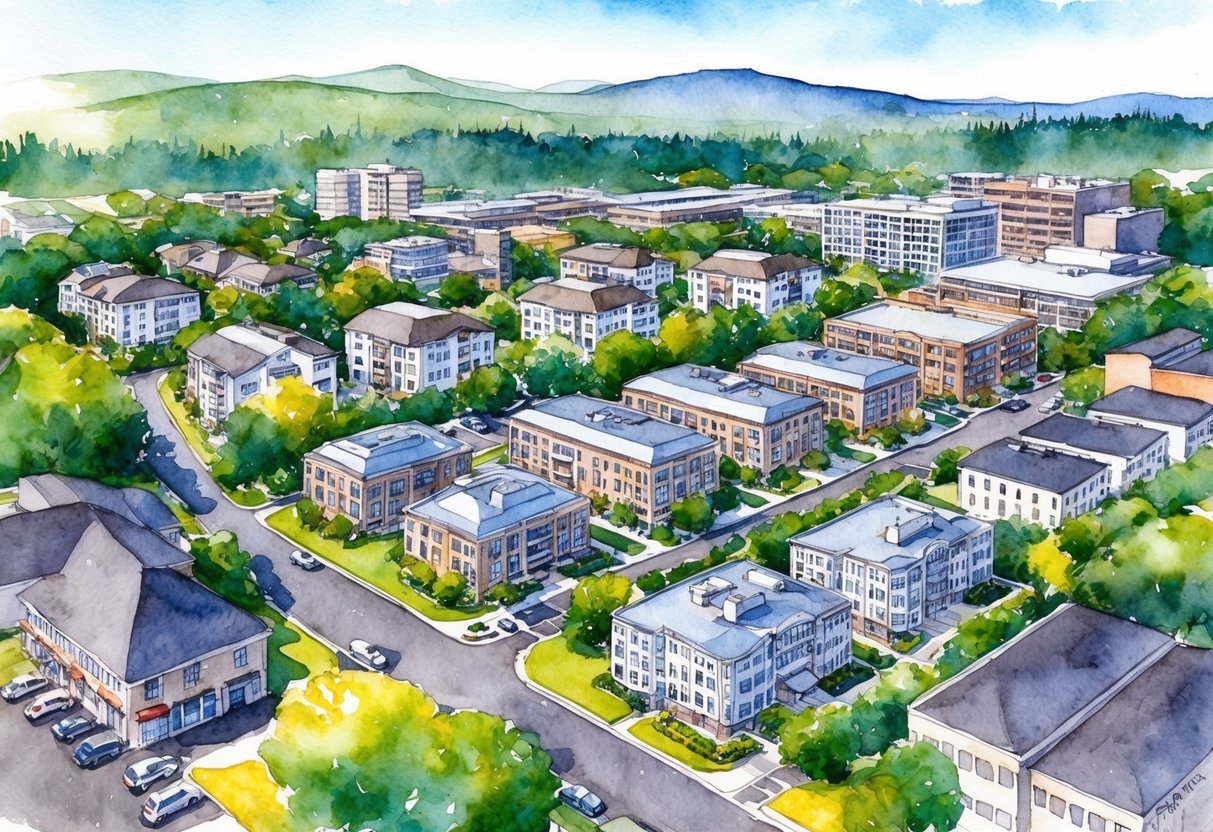 An aerial view of Salem, Oregon with various real estate properties, including houses, apartment buildings, and commercial spaces. The city is surrounded by lush greenery and mountains in the distance