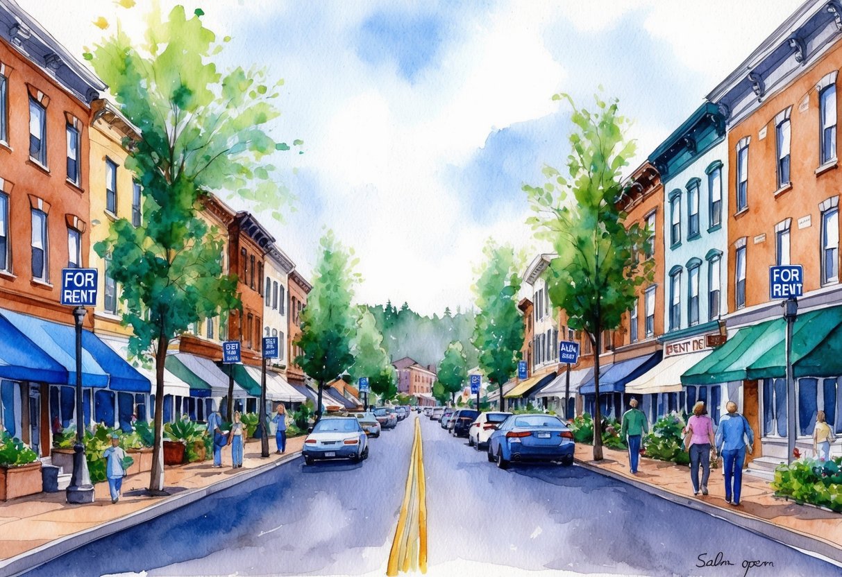 A bustling street in Salem, Oregon lined with well-maintained rental properties, each with a "For Rent" sign and a steady stream of potential tenants