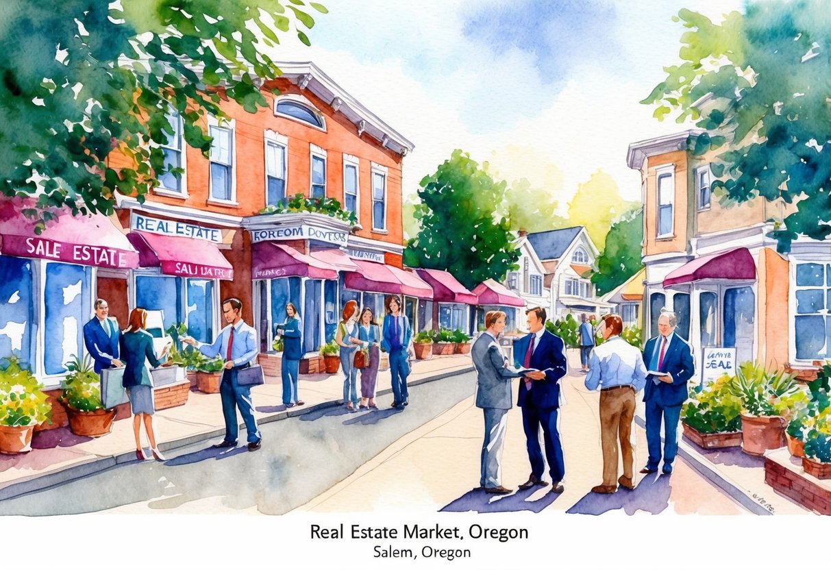 A bustling real estate market in Salem, Oregon, with agents negotiating deals and investors surveying properties for potential investment