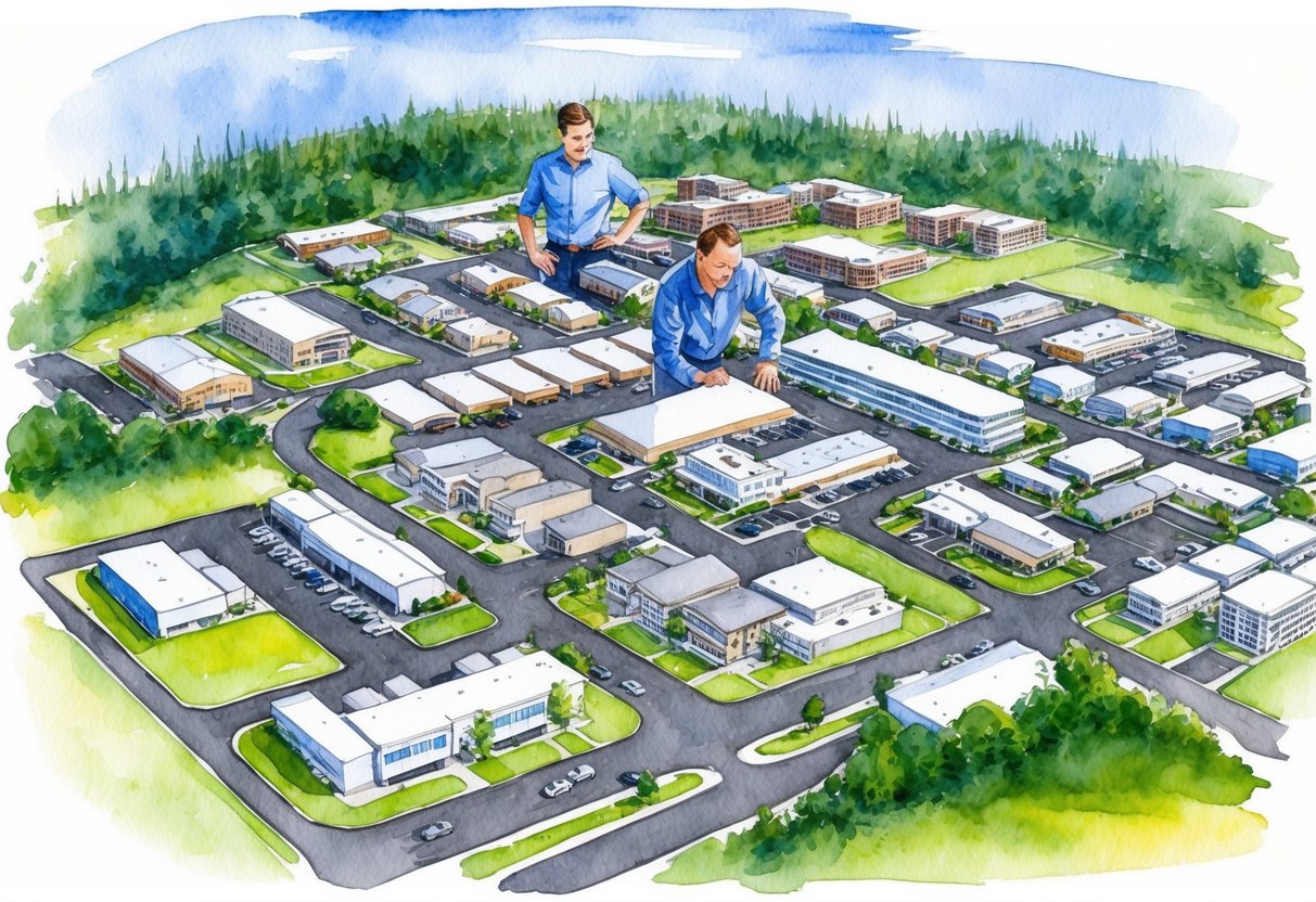 An aerial view of Salem, Oregon with a mix of residential and commercial properties. A real estate investor is seen inspecting a hidden gem among the properties