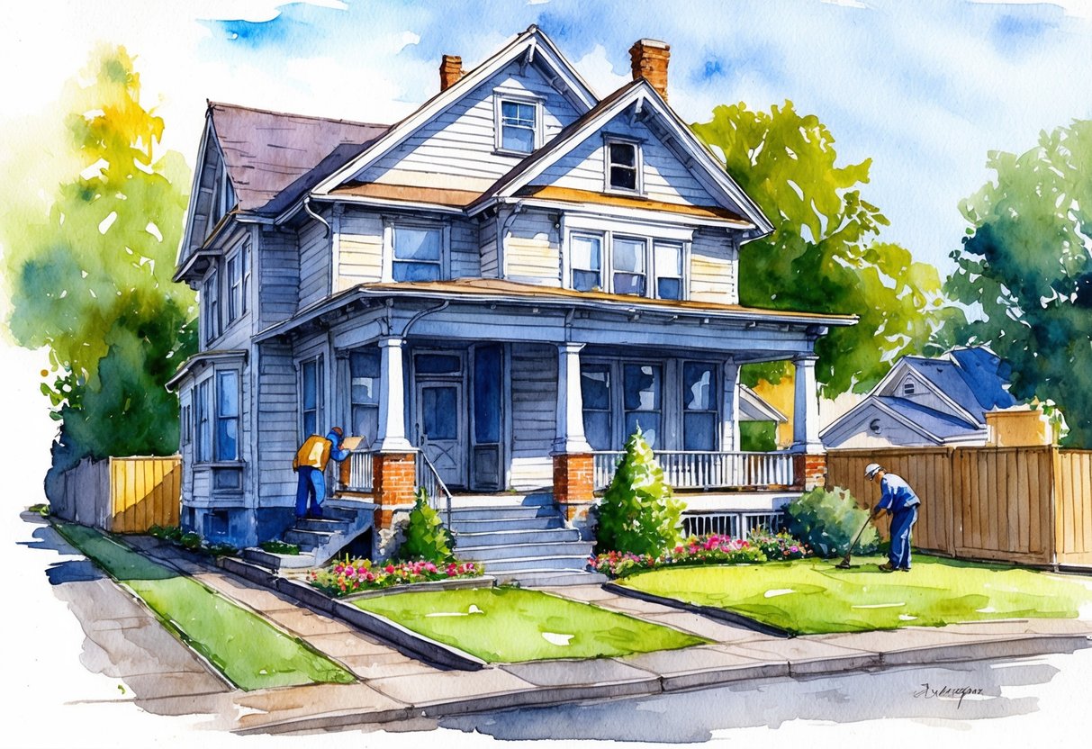 A dilapidated house in Salem, Oregon undergoes renovation, with workers repairing the exterior and landscaping the yard for real estate investment