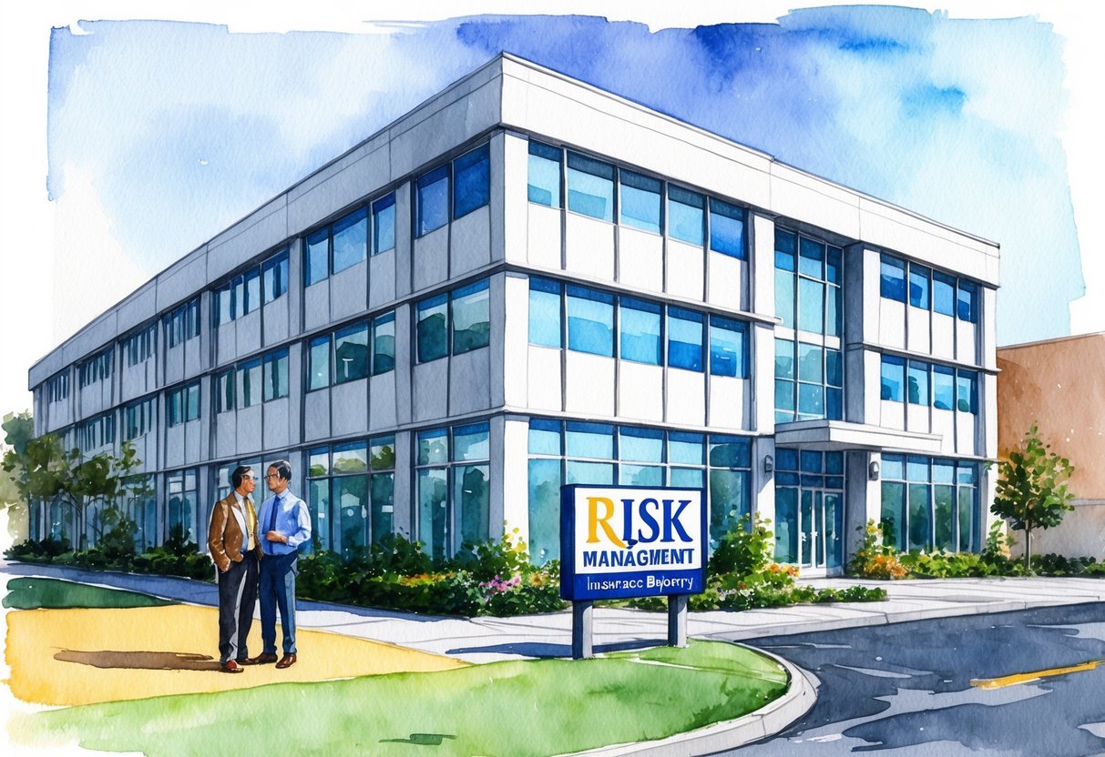 A modern office building in Salem, OR with a "Risk Management" sign. A real estate investor meets with an insurance agent