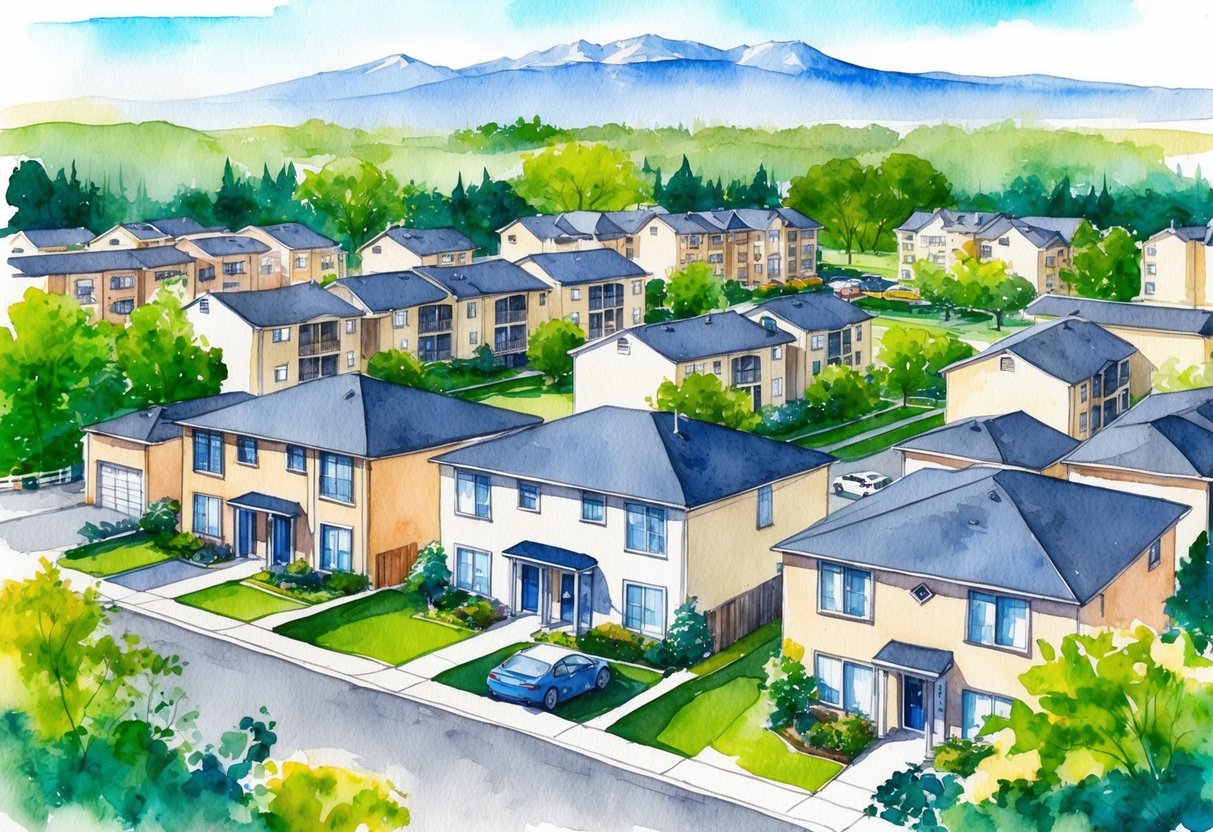 A sunny suburban neighborhood with a mix of single-family homes and apartment buildings, surrounded by greenery and with a clear view of the mountains in the distance