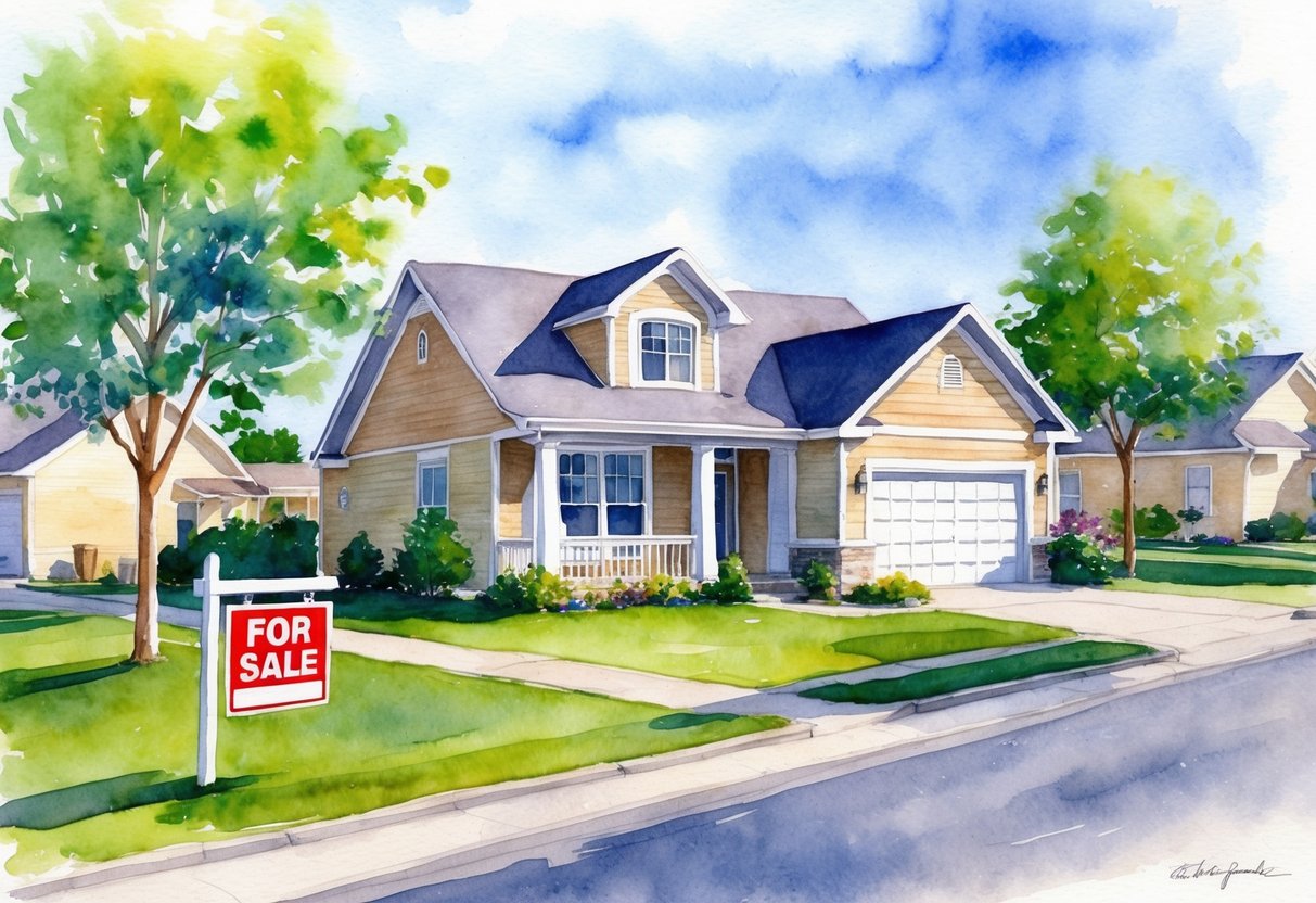 A serene suburban neighborhood with a cozy house and a "For Sale" sign in the front yard. A couple of trees and a clear blue sky complete the scene
