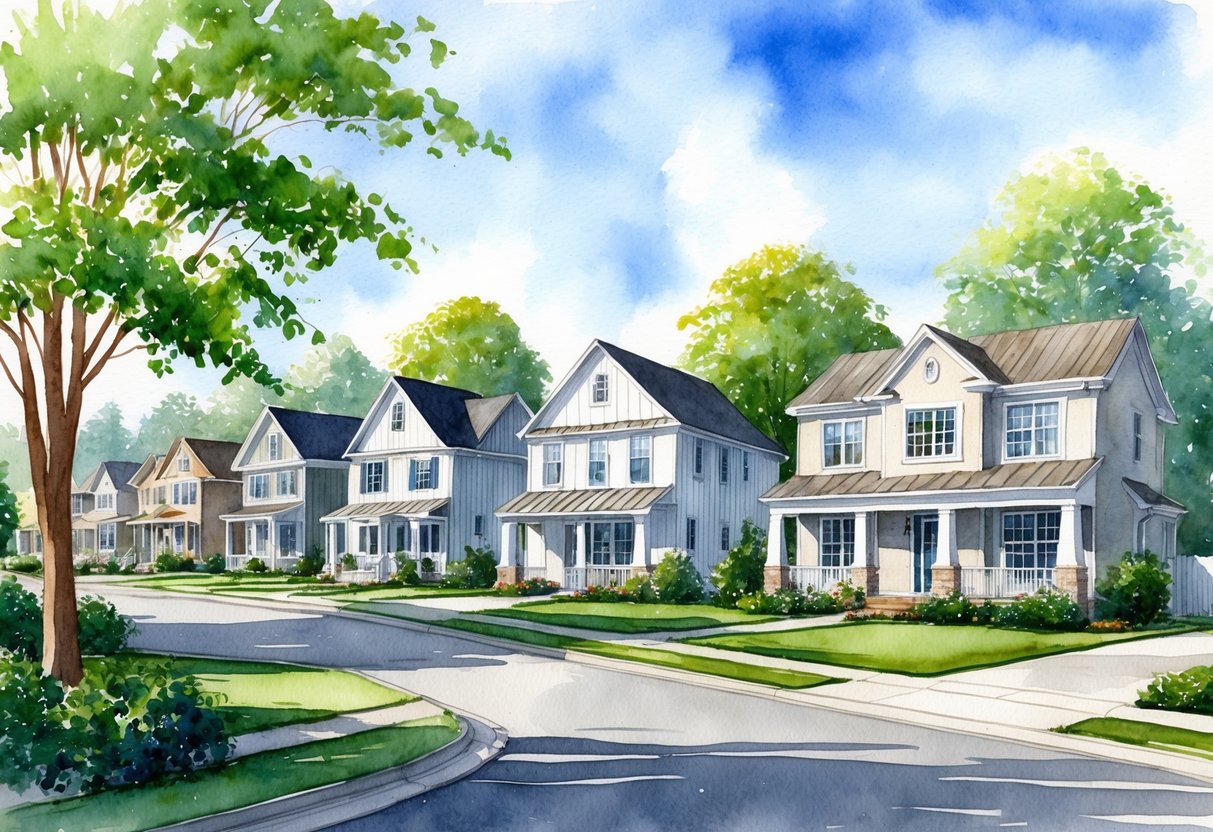 A tranquil suburban neighborhood with a mix of modern and traditional homes, surrounded by lush greenery and a clear blue sky