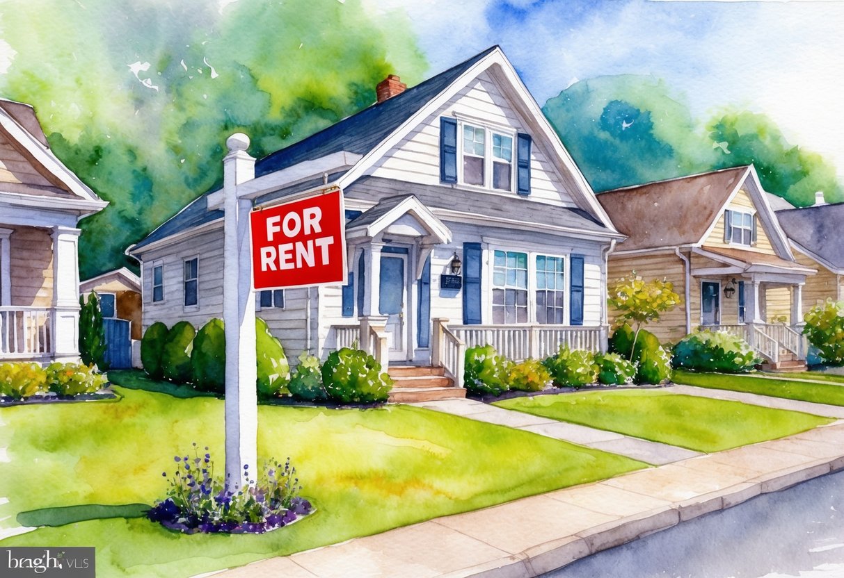 A cozy rental property with a "For Rent" sign, a mailbox, and a well-maintained garden, surrounded by other similar properties in a peaceful neighborhood