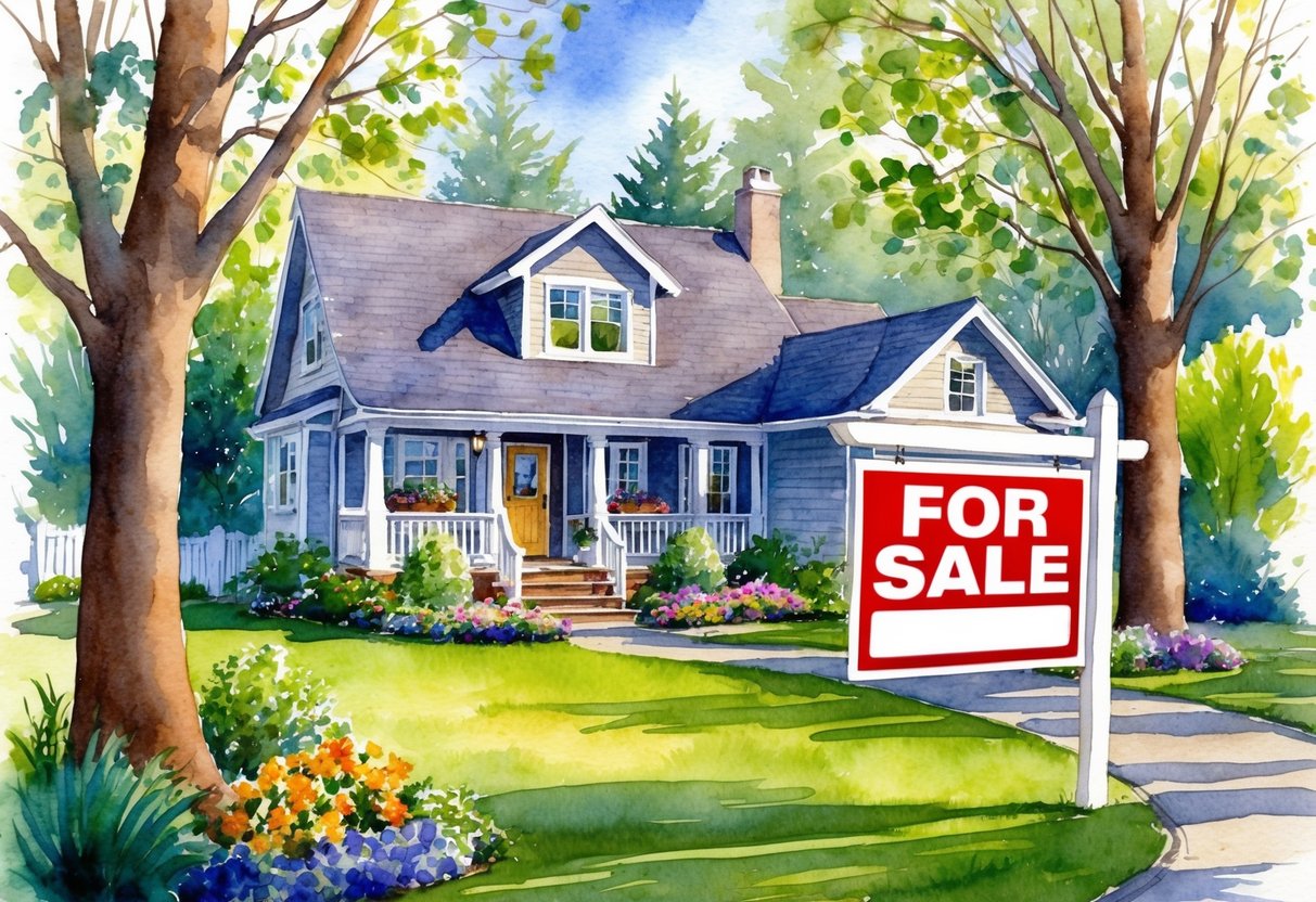 A cozy home nestled in a peaceful neighborhood, surrounded by trees and a vibrant garden. A "For Sale" sign stands proudly in the front yard, hinting at the potential for a lucrative real estate investment