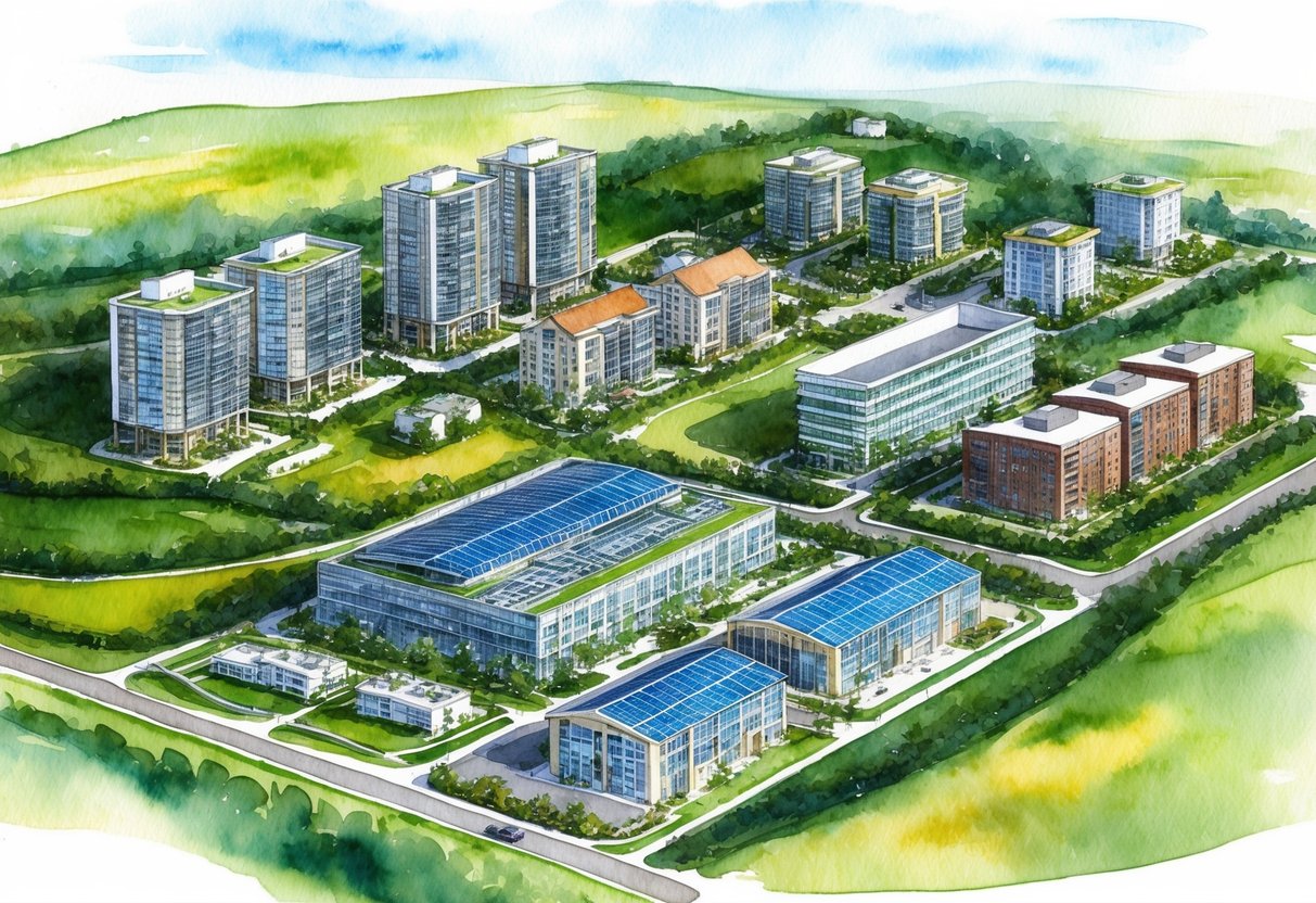 A diverse portfolio of sustainable real estate properties, including residential and commercial buildings, surrounded by green spaces and renewable energy sources