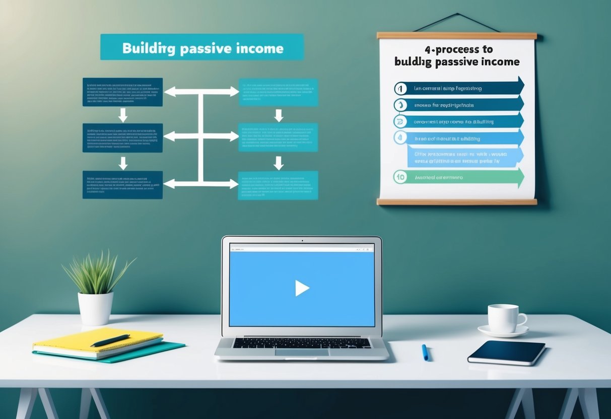 A serene, modern office space with a laptop, notebook, and pen on a clean desk. A flowchart on the wall outlines the 4-step process to building passive income