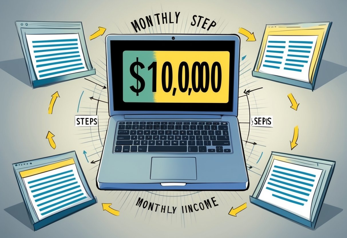 A laptop surrounded by a flowchart diagram, with arrows connecting four distinct steps. A dollar sign with multiple zeros hovers above the laptop, representing a $10,000 monthly income