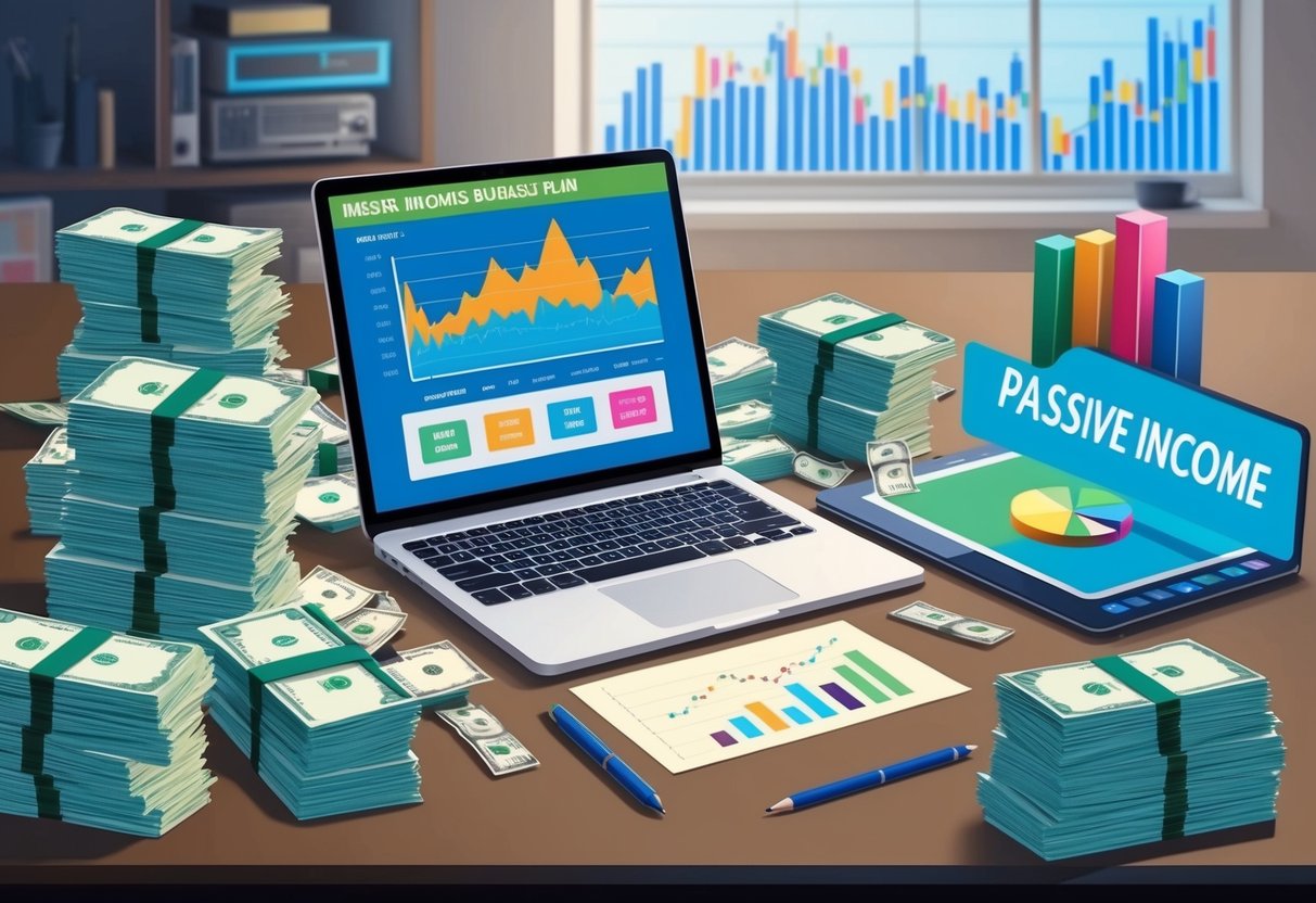 A laptop surrounded by stacks of money, a rental property, a stock market chart, and a passive income business plan on a desk