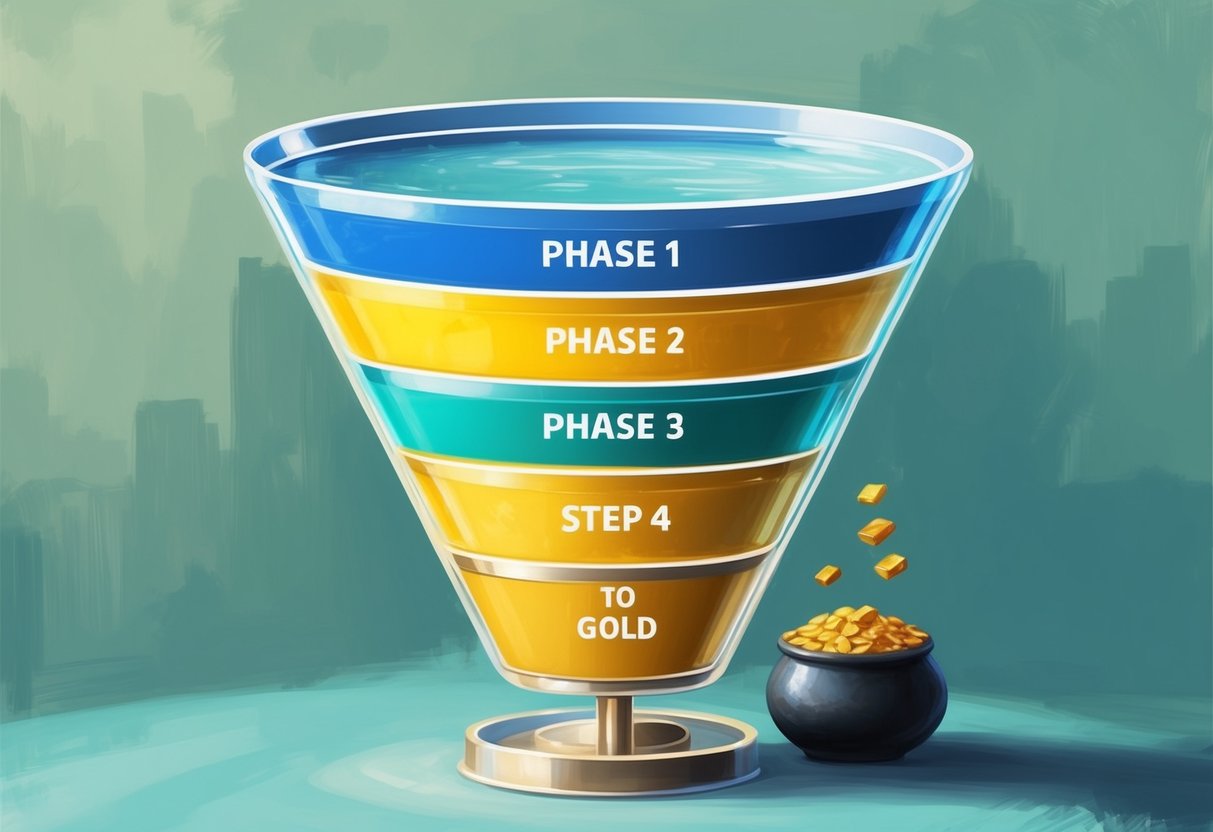 A funnel with four clear steps, each labeled with a different phase of the sales process, leading to a pot of gold at the end