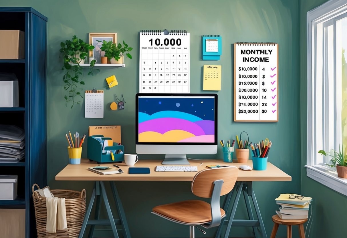 A cozy home office with a desk, computer, and creative materials. A calendar on the wall displays a monthly income goal of $10,000