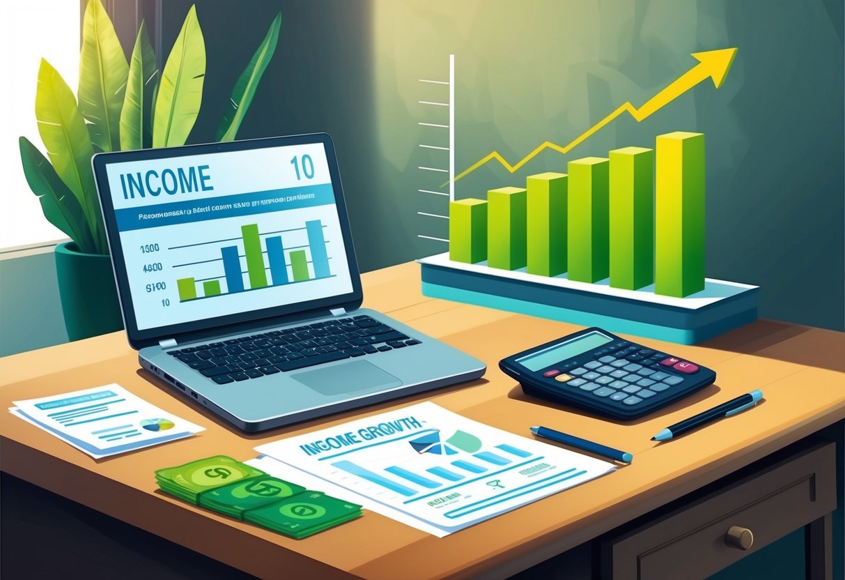 A desk with a laptop, calculator, and financial documents. A chart showing income growth over time. An arrow pointing upwards