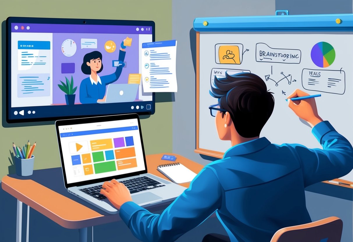 A person watching a video tutorial on a laptop, taking notes, and brainstorming ideas on a whiteboard