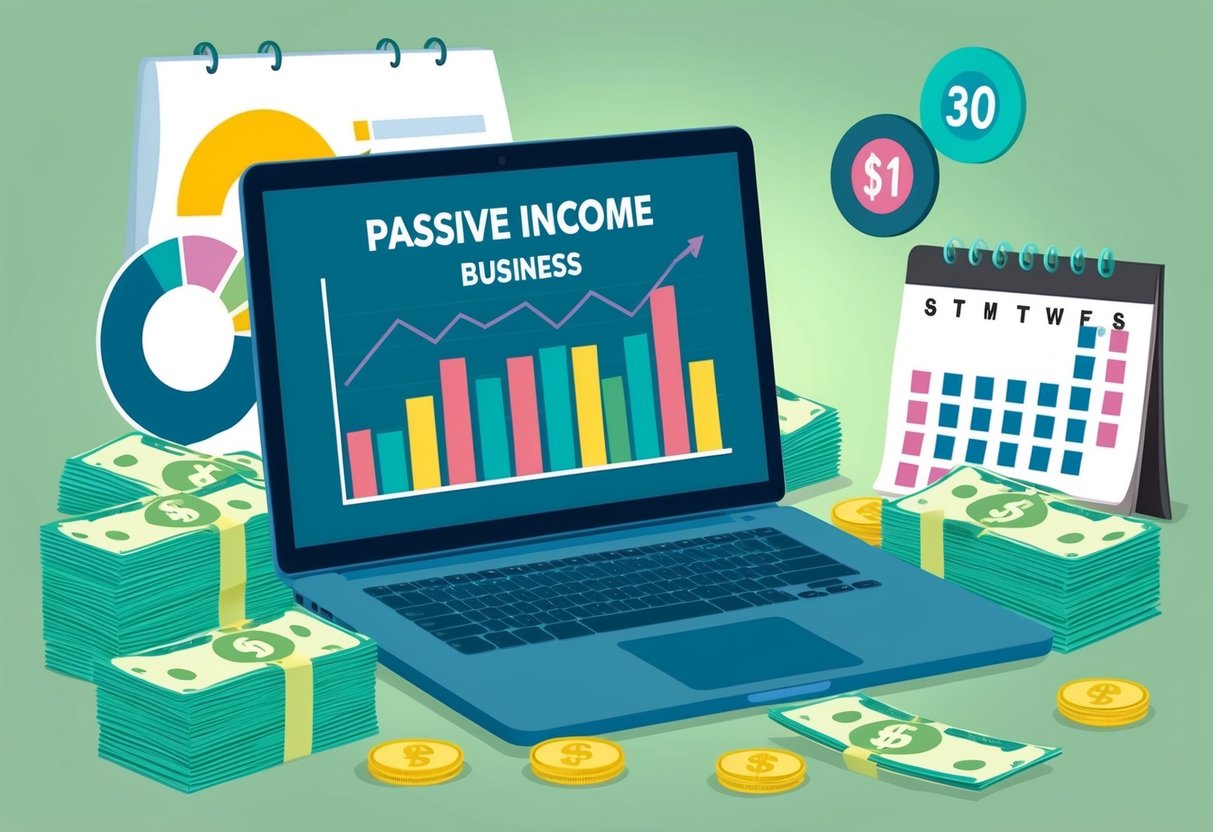A laptop surrounded by financial charts, a stack of money, and a calendar with the date circled, symbolizing the process of building a passive income business