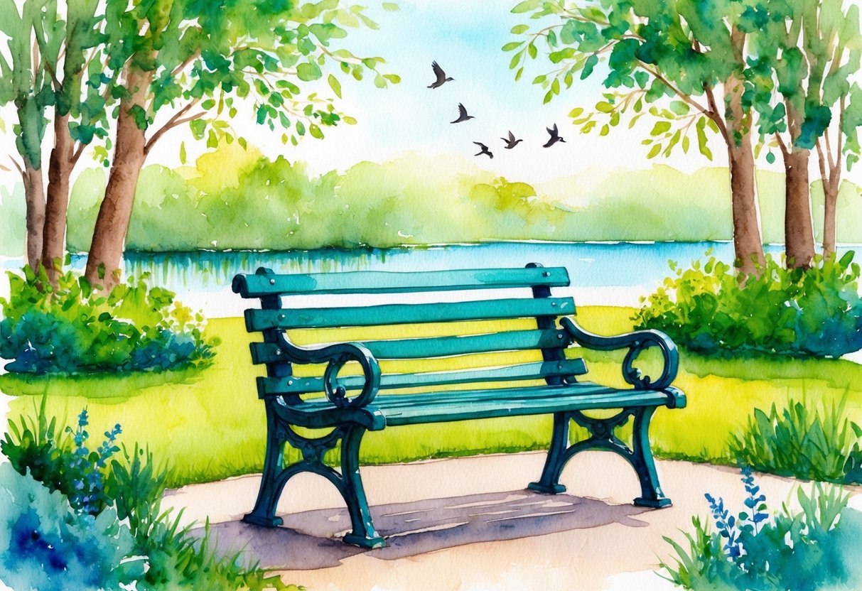 A peaceful park bench surrounded by lush greenery, with a serene pond in the background and the soft sound of birds chirping in the distance