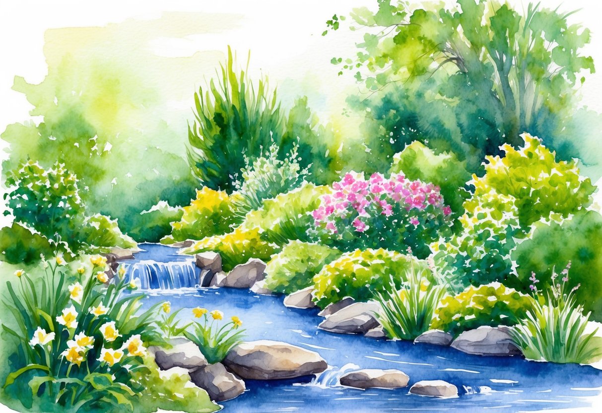 A serene and peaceful garden with a flowing stream, surrounded by lush greenery and blooming flowers. A sense of tranquility and abundance radiates from the scene