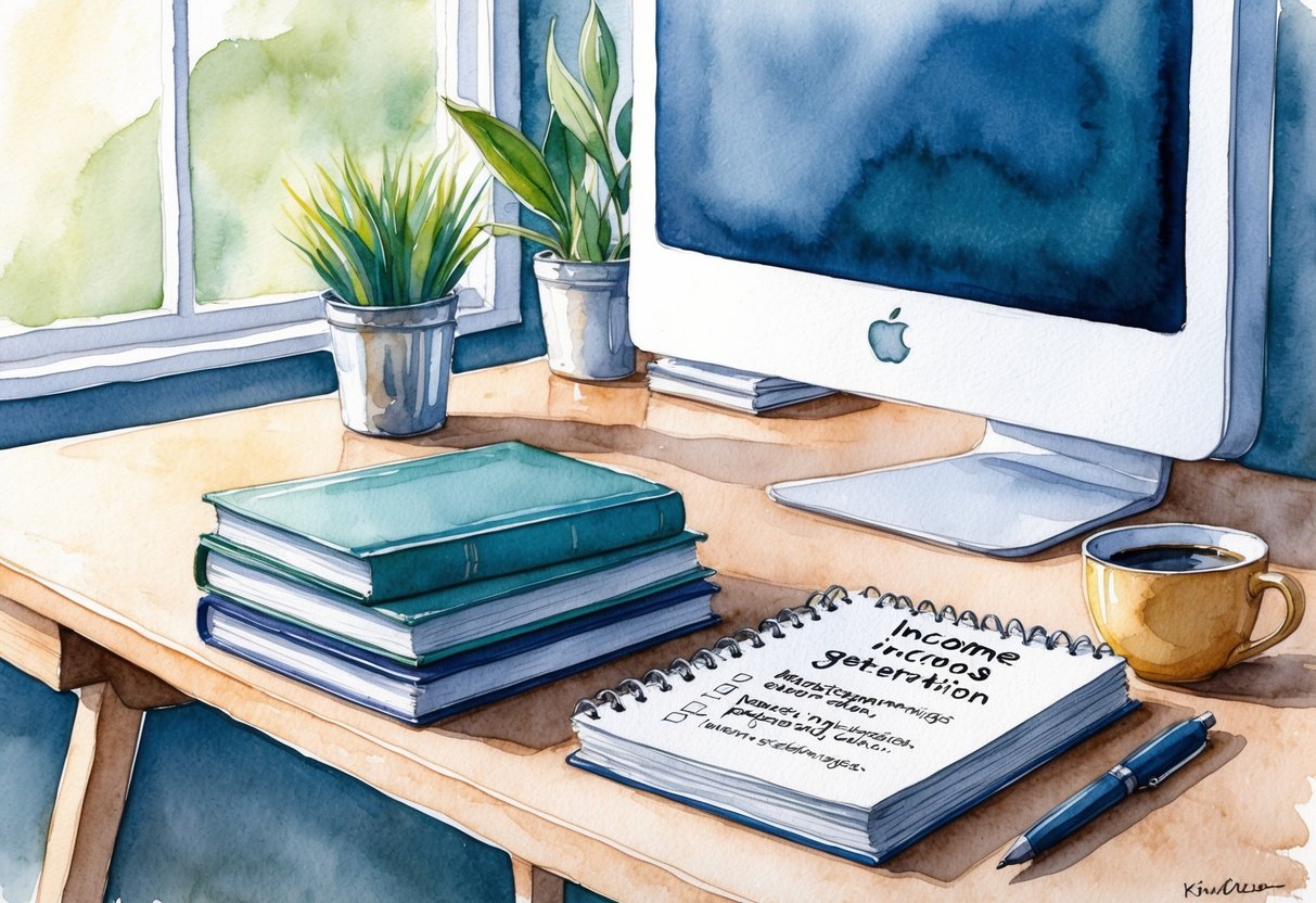 A serene, cozy home office with a desk, computer, and a stack of financial books. A cup of coffee sits next to a notepad filled with income generation strategies