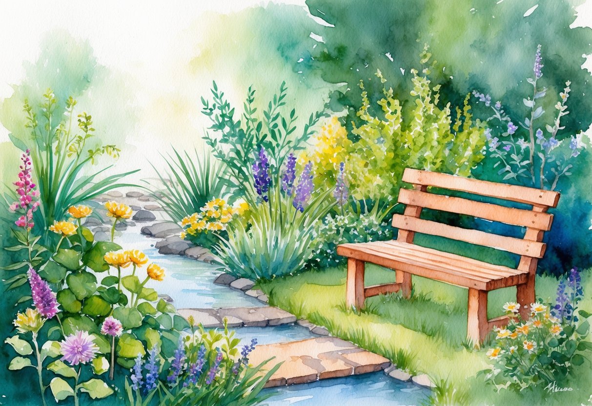 A serene and peaceful garden setting with a variety of plants and flowers, a wooden bench, and a gentle stream flowing through the background