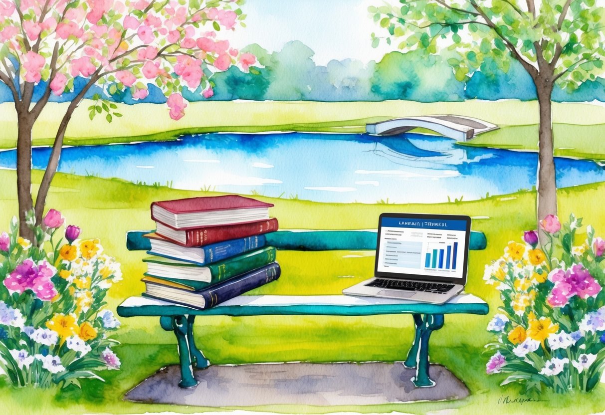 A serene park bench surrounded by blooming flowers and a tranquil pond, with a stack of financial books and a laptop open to investment strategies