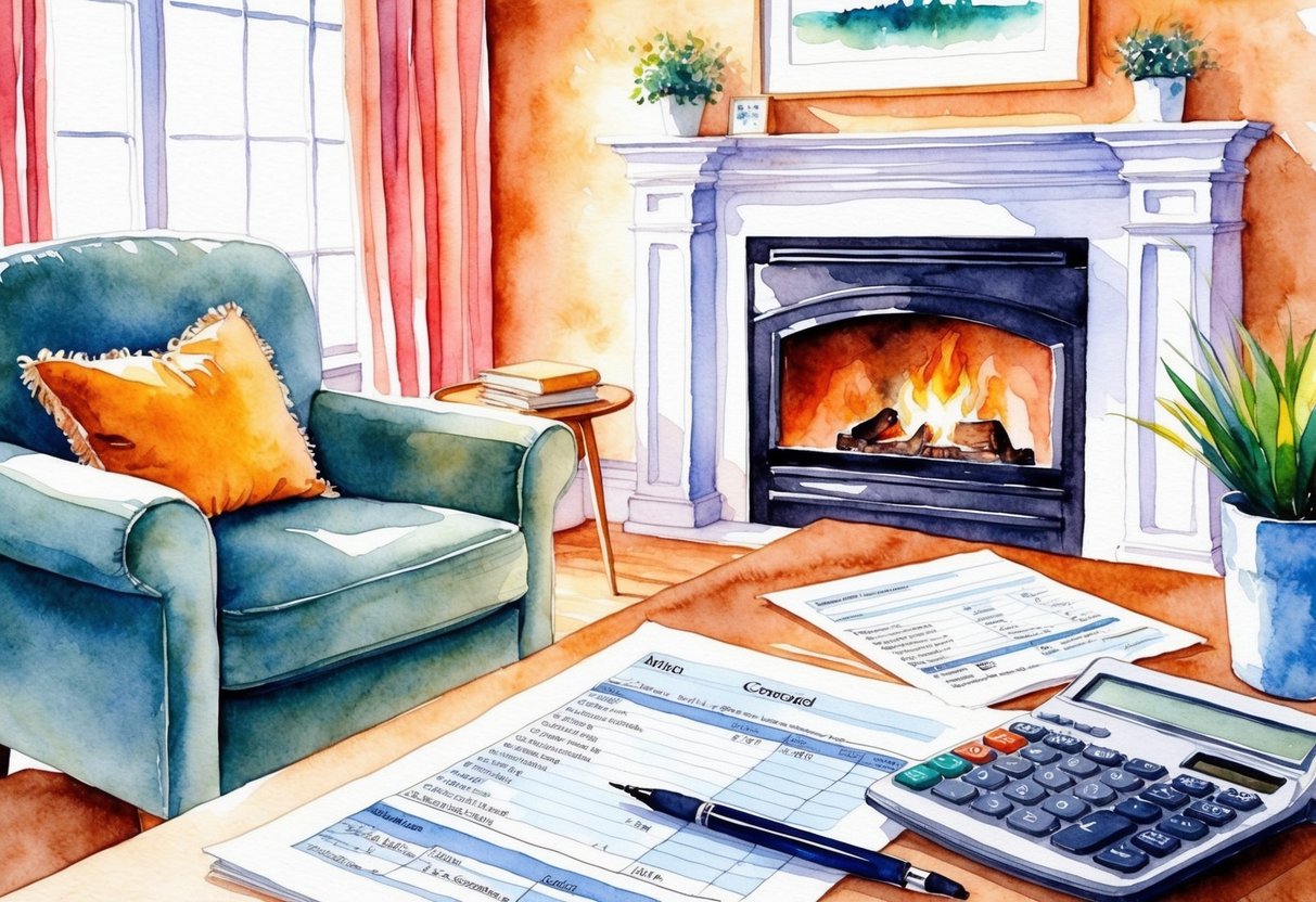 A cozy living room with a comfortable armchair, a warm fireplace, and a table with financial documents and a calculator