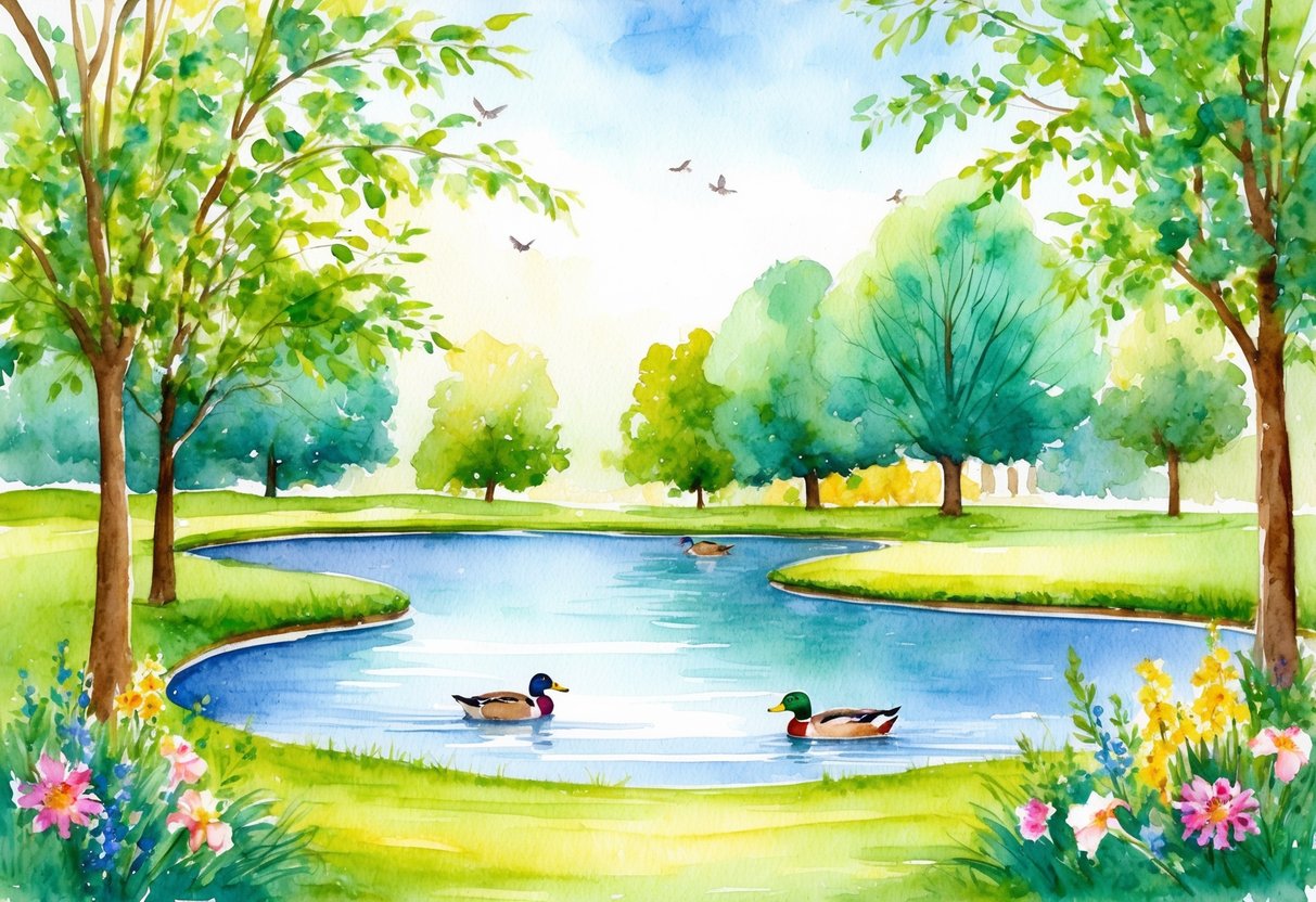 A serene park with a peaceful pond, surrounded by lush green trees and colorful flowers, with a couple of ducks swimming and a gentle breeze rustling the leaves