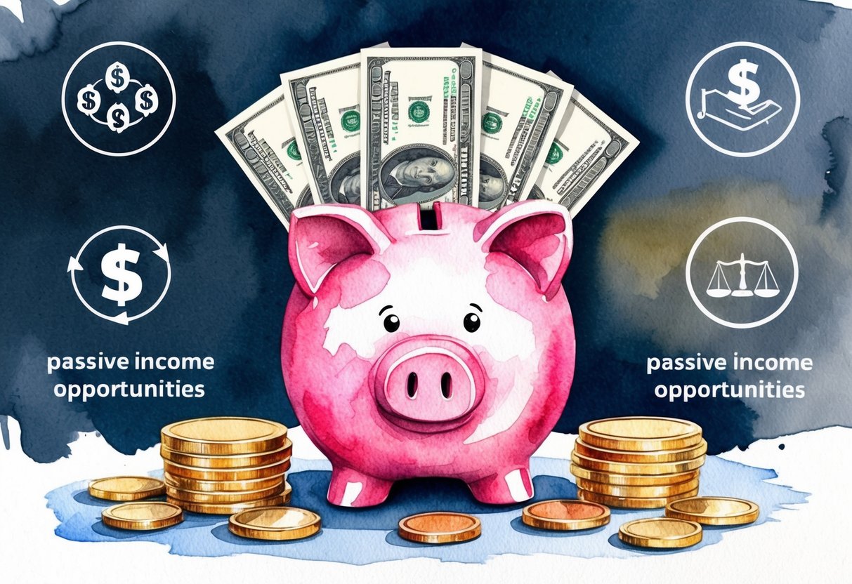 A piggy bank with a stack of coins and dollar bills, surrounded by symbols representing different passive income opportunities