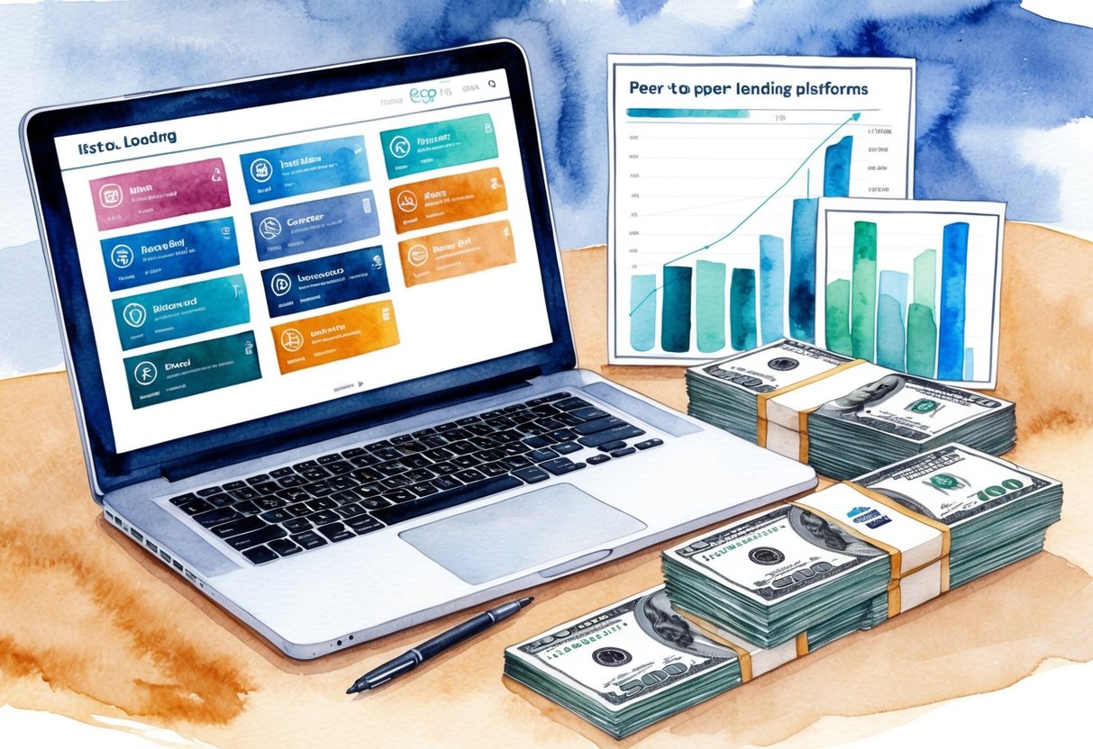 A laptop displaying various peer-to-peer lending platforms, alongside a stack of $500 bills and investment charts