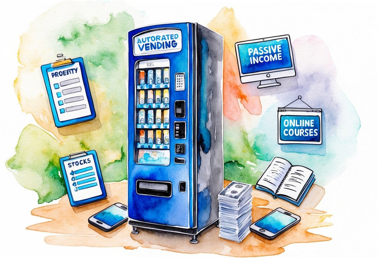 An automated vending machine surrounded by various passive income opportunities such as a rental property, stocks, and online courses