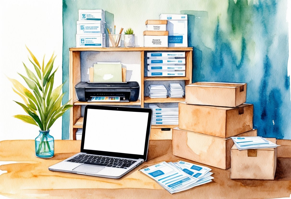 A cozy home office with a laptop, printer, and shelves of printed products. A stack of shipping boxes and packaging materials ready for orders