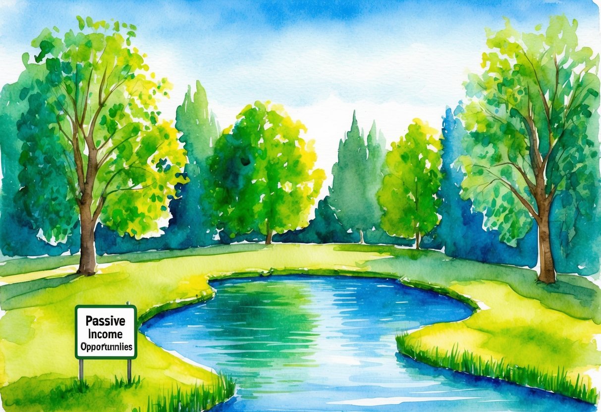 A serene park with a tranquil pond, surrounded by lush green trees and a clear blue sky, with a small sign indicating "Passive Income Opportunities."