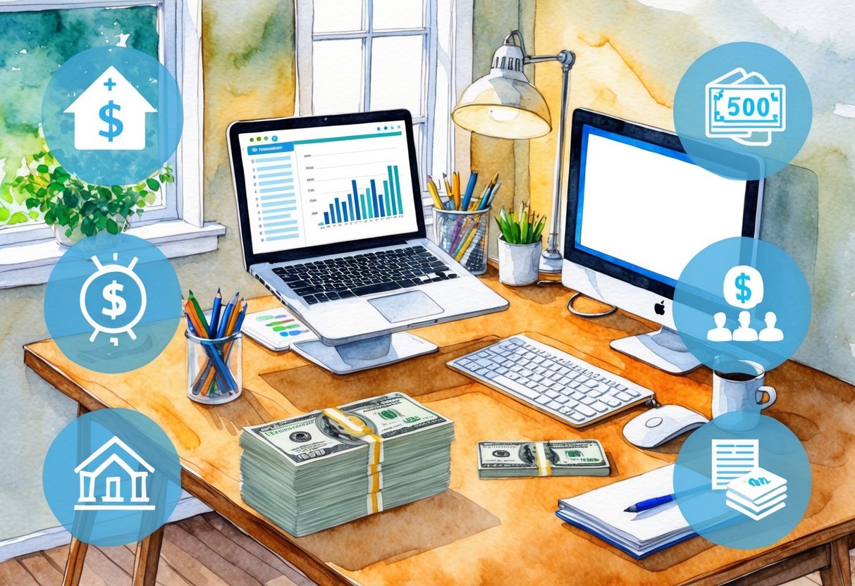 A cozy home office with a desk, computer, and financial planning materials. A stack of $500 bills on the desk. Icons representing passive income opportunities surround the scene